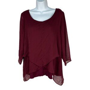 Dana Buchman Womens Size Large Blouse Burgundy Layered Sheer 3/4 Sleeve Top